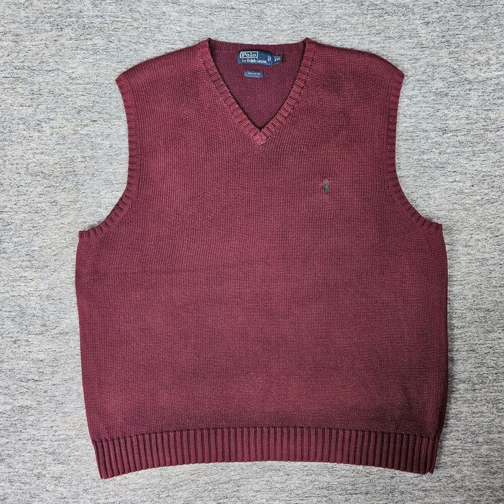 Vintage Polo Ralph Lauren Sweater Vest Men's XXL Maroon Cotton Pullover V Neck
